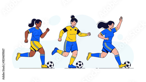 Illustration of female soccer players running, kicking, and dribbling the ball in action on the field, representing teamwork, strength, and competitive sports energy.