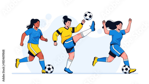 Illustration of female soccer players running, kicking, and dribbling the ball in action on the field, representing teamwork, strength, and competitive sports energy.