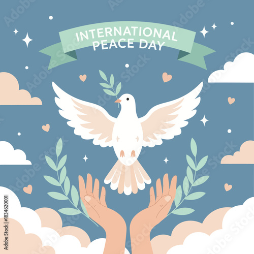 Flat illustration of a white dove carrying an olive branch above open hands, symbolizing hope and harmony for International Peace Day with hearts, clouds, and leaves.