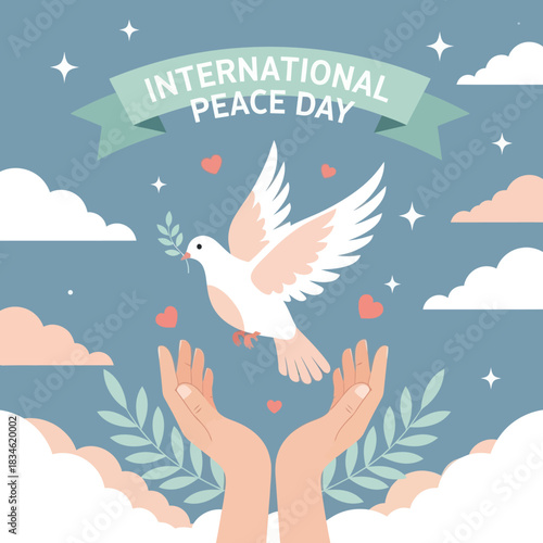 Flat illustration of a white dove carrying an olive branch above open hands, symbolizing hope and harmony for International Peace Day with hearts, clouds, and leaves.
