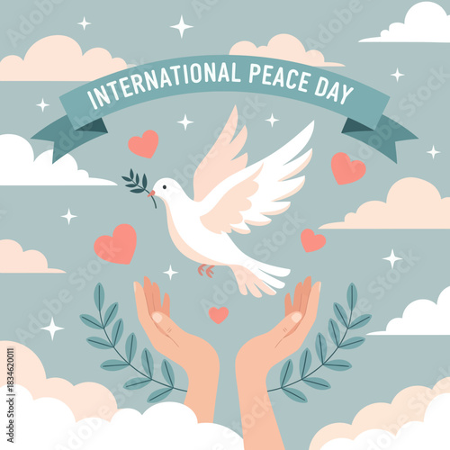 Flat illustration of a white dove carrying an olive branch above open hands, symbolizing hope and harmony for International Peace Day with hearts, clouds, and leaves.