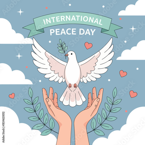 Flat illustration of a white dove carrying an olive branch above open hands, symbolizing hope and harmony for International Peace Day with hearts, clouds, and leaves.