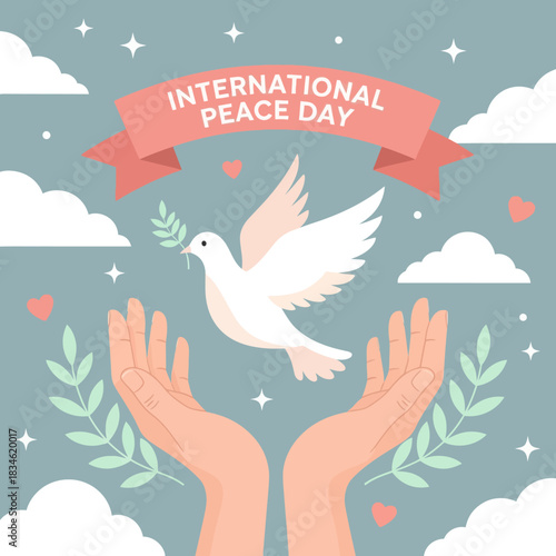 Flat illustration of a white dove carrying an olive branch above open hands, symbolizing hope and harmony for International Peace Day with hearts, clouds, and leaves.