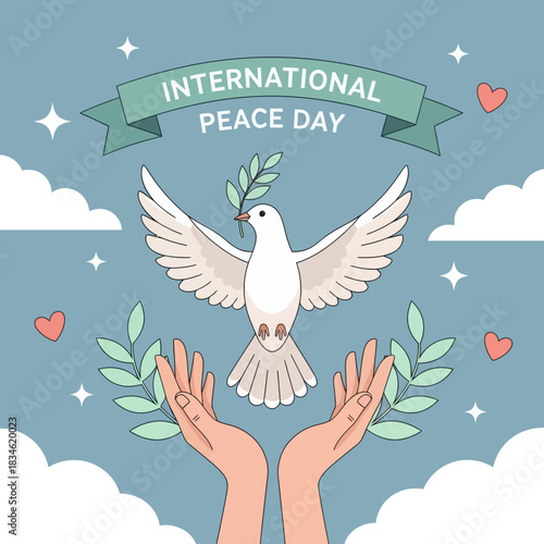 Flat illustration of a white dove carrying an olive branch above open hands, symbolizing hope and harmony for International Peace Day with hearts, clouds, and leaves.