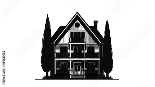 Vector illustration of black and white silhouette illustration of a modern farmhouse isolated on transparent background