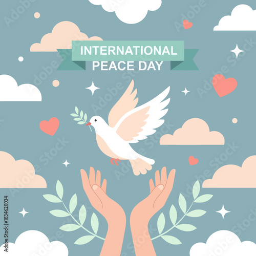 Flat illustration of a white dove carrying an olive branch above open hands, symbolizing hope and harmony for International Peace Day with hearts, clouds, and leaves.