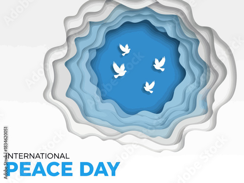Paper-cut style illustration of flying white doves symbolizing freedom and harmony for International Peace Day, featuring layered clouds and a blue sky theme.