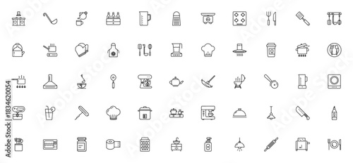 Kitchen icon set. Minimal vector illustration. Kitchn utensils collection featring ladle, teapot, stove,knife, blender, oven, apro, chef hat and more. Editale stroke.