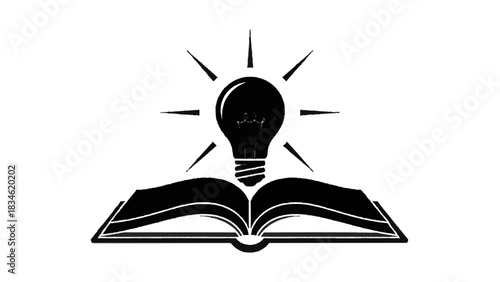 Vector illustration of black and white icon of a light bulb shining above an open book isolated on transparent background