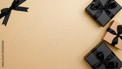 Black friday gift boxes with black ribbon on light gold