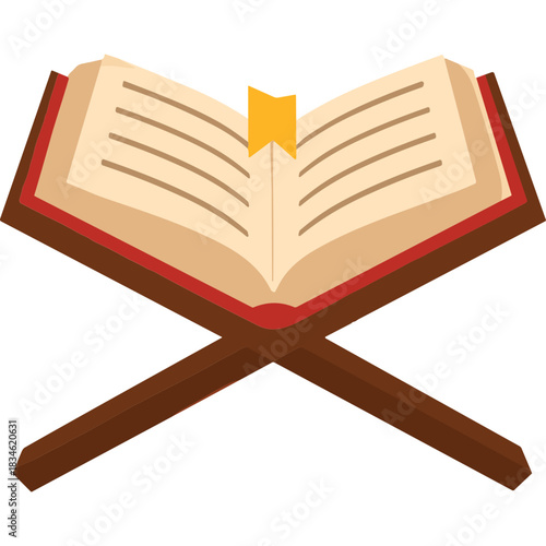 An Open Holy Book With A Yellow Bookmark Rests On A Dark Brown Wooden Stand Illuminated By Soft Light Against A Black Background
