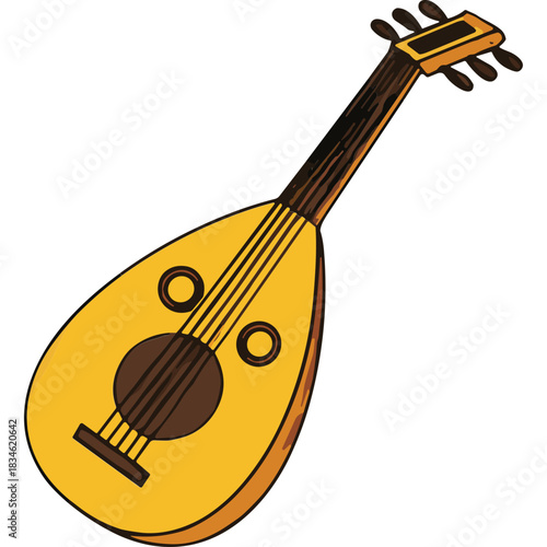 An Illustration of a Traditional OUD Stringed Musical Instrument with a Pear Shaped Body and Long Neck Detailed Wood Grain Texture on a Transparent Background