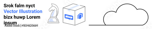 E-commerce, cloud computing, shipping services, strategic planning, branding, online business. a chess knight, a shop-labeled box and a cloud outline. E-commerce and cloud computing concepts
