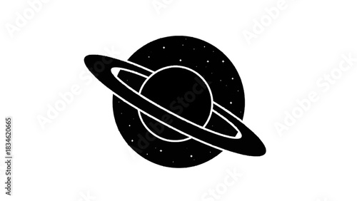 Vector illustration of black and white stylized illustration of planet saturn isolated on transparent background