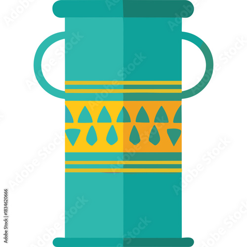 Ancient Egyptian style turquoise vase with yellow and blue geometric patterns and handles on a dark background