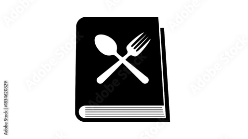 Vector illustration of black and white icon of a cookbook with crossed spoon and fork symbol isolated on transparent background