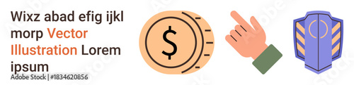 Financial security, digital payment, wealth protection, economic growth, cybersecurity, online transactions. Coin with dollar symbol, hand pointing and shield. Financial security and digital payment