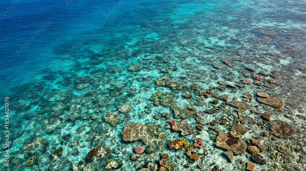 Fototapeta premium Island shoreline with crystal clear water and colorful coral visible below aerial shot