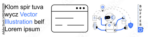 Artificial intelligence, automation, workflow management, technology, robotics, data processing. A robot organizes tasks with icons and a web interface. Artificial intelligence and automation