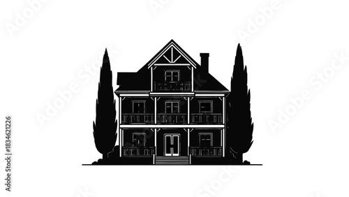 Vector illustration of black and white silhouette illustration of a large victorian house isolated on transparent background