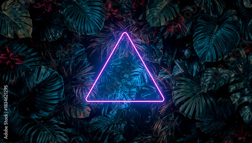 Blue pink and yellow neon triangle on colorful jungle background