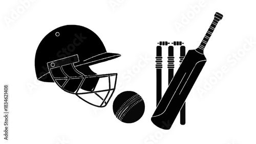 Vector illustration of black silhouette of cricket equipment including helmet, bat, ball, and wicket isolated on transparent background
