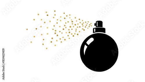 Vector illustration of black silhouette of perfume bottle spraying golden glitter isolated on transparent background