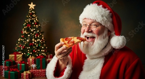 Santa Claus enjoying pepperoni pizza by Christmas tree