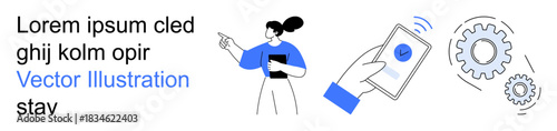 Business strategy, digital transformation, collaboration, app usage, teamwork, innovation. Woman gesturing towards gears and smartphone. Business strategy and digital transformation visualization