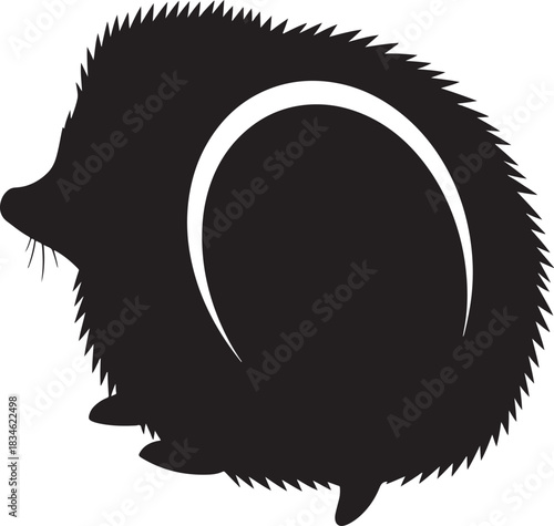 Stylized black hedgehog silhouette curled up on white background