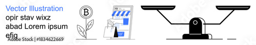 Sustainability, digital commerce, branding, consumer choice, fair trade, e-commerce. Leaf and B icon, an online storefront and a balance scale. Sustainability and digital commerce ideas
