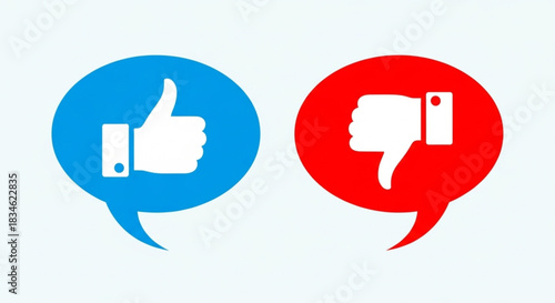 thumbs up icon in blue, and another with a thumbs down icon in red, symbolizing opinions and choices