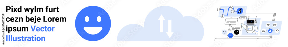 Fototapeta premium Communication, data storage, cloud computing, networking, digital interaction, future technology. Blue happy face, cloud icon with arrows digital interface. Communication and data storage concept