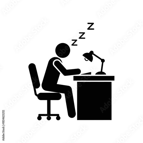Person Sleeping at Desk with Lamp and Zzz Symbols.