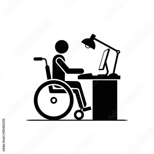 Person in Wheelchair Working at Desk with Computer and Lamp.