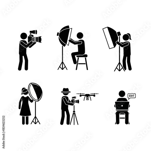 Pictogram Set Illustrating Photography and Videography Professions.