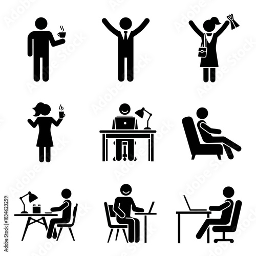 Pictogram Set Illustrating Various Work and Leisure Activities.