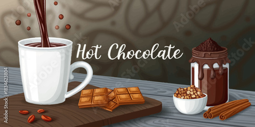 Steaming hot chocolate being poured into a white mug with chocolate squares and cinnamon sticks nearby