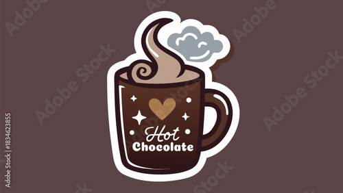 Delicious hot chocolate in a brown mug with steam and heart for a cozy winter holiday treat