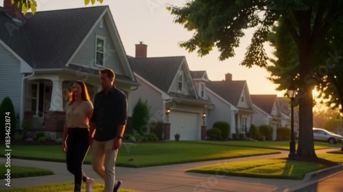 A couple walking hand in hand through a quiet residential neighborhood at sunset.