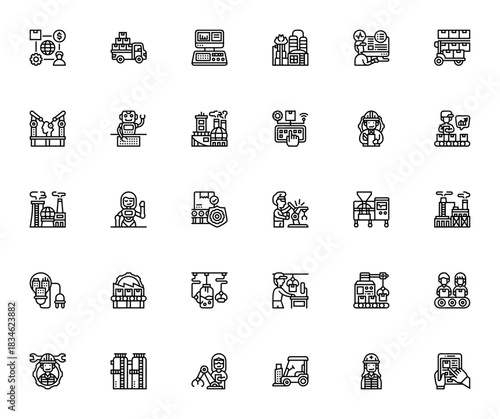 Industrial icon set. Vector illustration featuring fctory, robot, machinery, poduction, warehouse, worke, engineer, control panel,refinery, shipment, and moe.