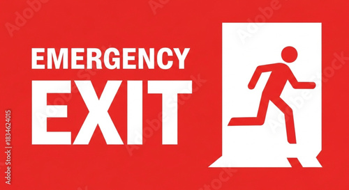 Red emergency exit sign with white lettering and a running person icon indicating a way out