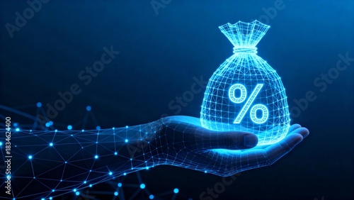 Fototapeta Naklejka Na Ścianę i Meble -  Futuristic polygonal hand lifting glowing money bag representing digital finance investment savings profit economy banking credit capital growth virtual mesh business tech concept