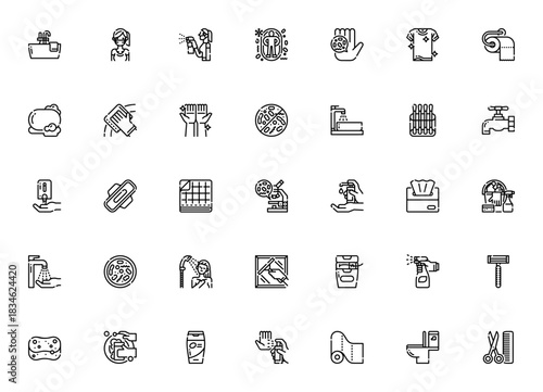 Hygiene icon set. Vector illustration pack. Minimal ine icons including bathtu, face mask, soap, hand wahing, sanitizer, protectio, bacteria and more.