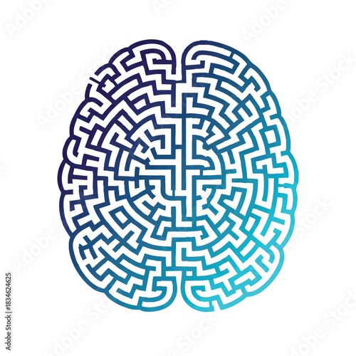 Illustration of a brain with a maze design in a gradient of blue hues on a white background.