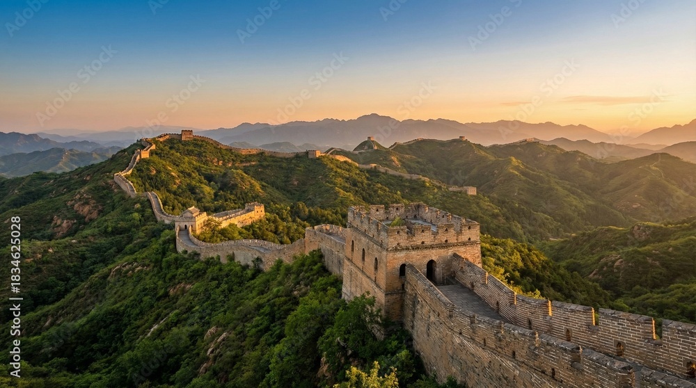 Obraz premium Great Wall of China winding on mountain ridge at sunset