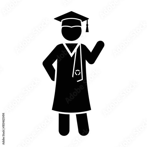 Silhouette of a Graduate in Cap and Gown Waving Hand.