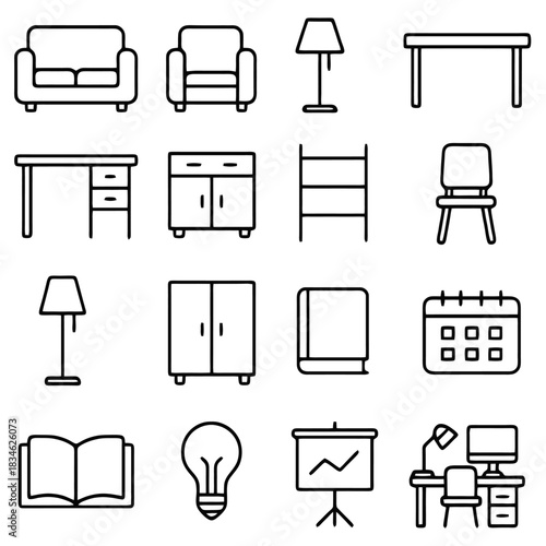 Home Office & Furniture Icons: A collection of simple, elegant line icons depicting essential elements for a modern home and office space, from furniture to stationary items.