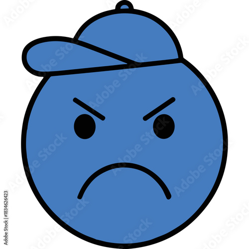 Blue Circle Face With Angry Expression And Blue Baseball Cap On Black Background Minimalist Simple Graphic Design Icon Emotion Symbol Representing Anger Frustration And Displeasure