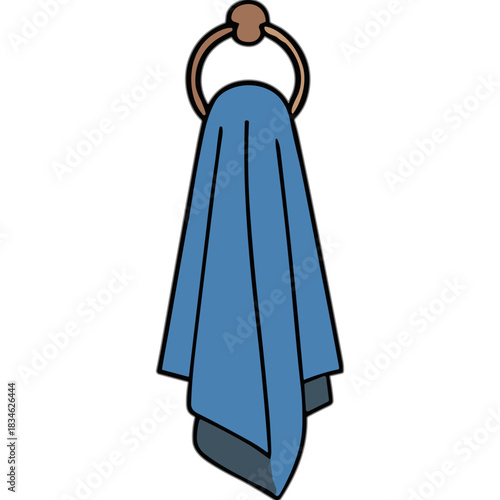 Blue Fabric Hand Towel Hanging on a Round Metal Ring Against a Solid Black Background Simple Clean Design Object Illustration